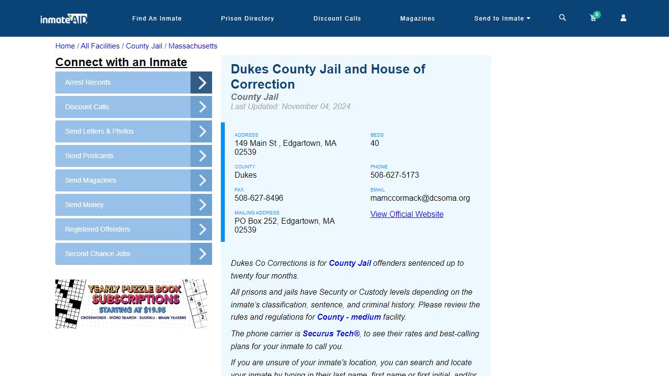 Dukes County Jail and House of Correction - Inmate Locator